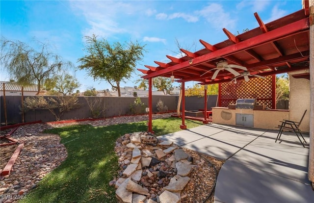 view of patio with a pergola, area for grilling, and ceiling fan