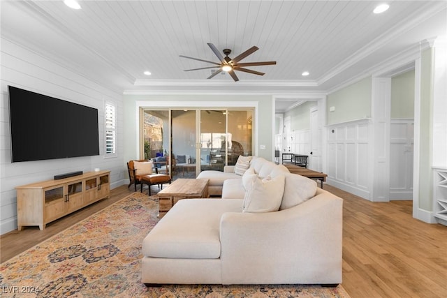 living room with wooden ceiling, ceiling fan, wood-type flooring, and ornamental molding