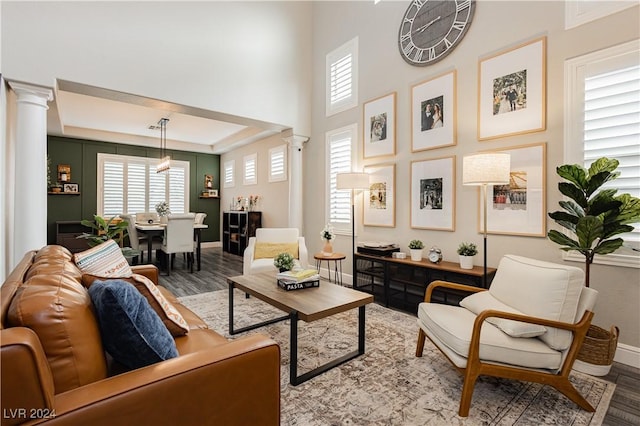 sitting room featuring decorative columns, a raised ceiling, a wealth of natural light, and hardwood / wood-style floors