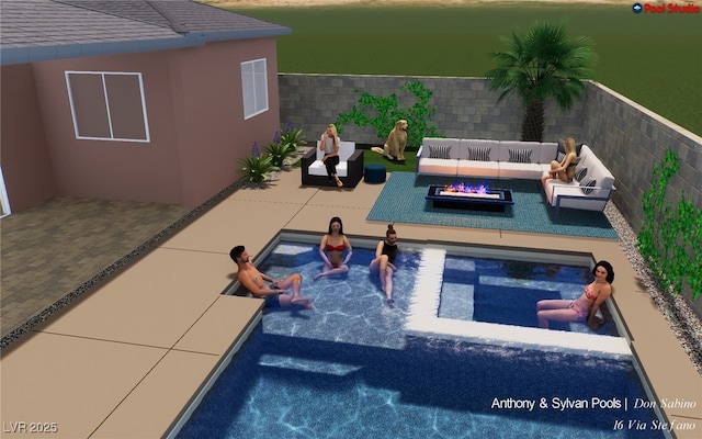 view of swimming pool with a fenced backyard, a jacuzzi, an outdoor living space with a fire pit, and a patio