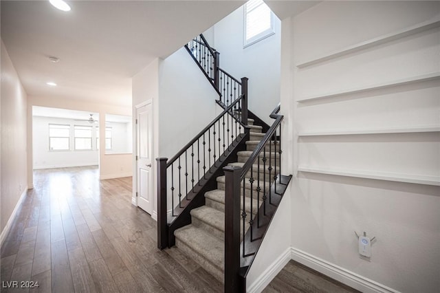 stairway featuring hardwood / wood-style floors and ceiling fan