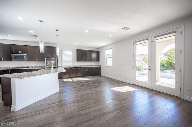 kitchen featuring hanging light fixtures, appliances with stainless steel finishes, dark hardwood / wood-style flooring, and plenty of natural light