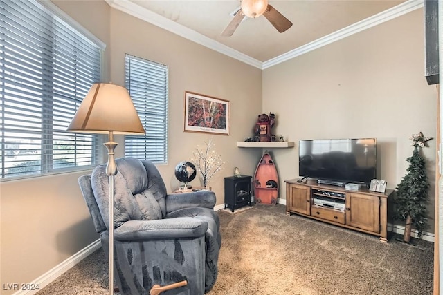 living room with ceiling fan, dark carpet, and ornamental molding