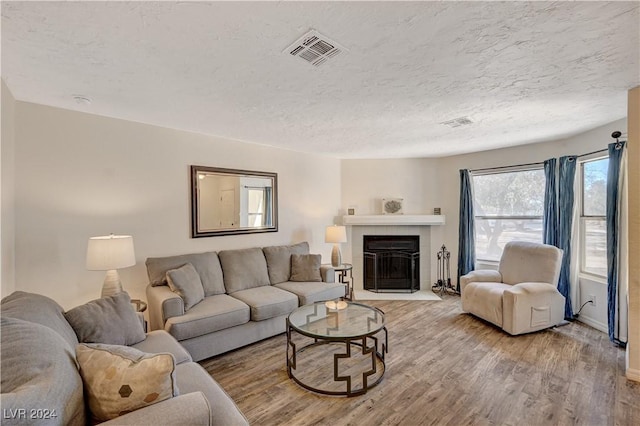 living room featuring a textured ceiling and light hardwood / wood-style floors