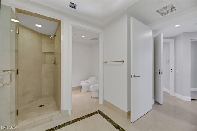 bathroom with walk in shower, tile patterned floors, a bidet, and toilet