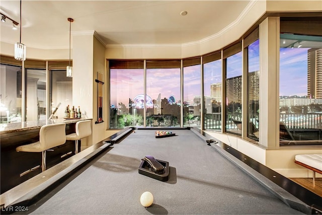 playroom with bar, crown molding, and billiards