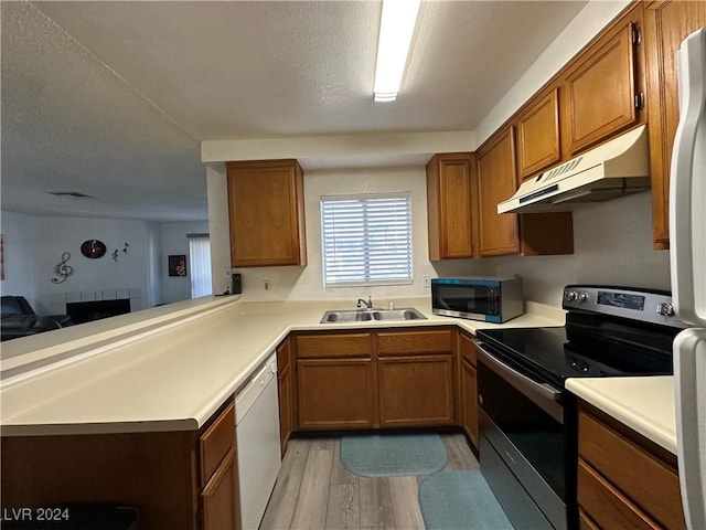 kitchen with sink, a brick fireplace, light wood-type flooring, kitchen peninsula, and stainless steel appliances