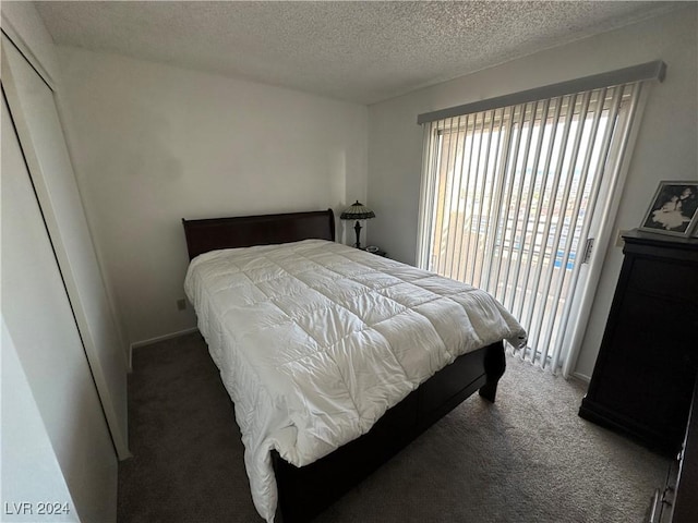 bedroom featuring dark colored carpet, a textured ceiling, and a closet