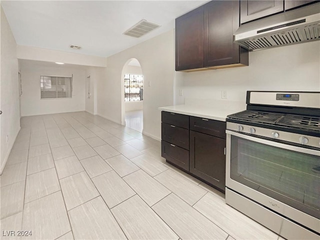 kitchen featuring stainless steel gas stove and dark brown cabinets