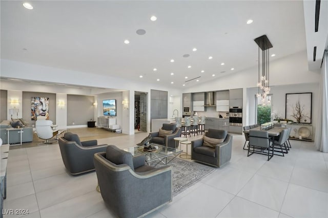 tiled living room with lofted ceiling