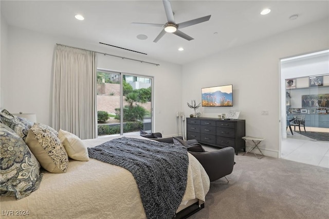 carpeted bedroom with ceiling fan and access to outside