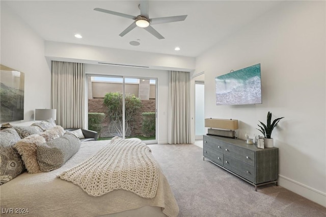 carpeted bedroom with access to exterior and ceiling fan