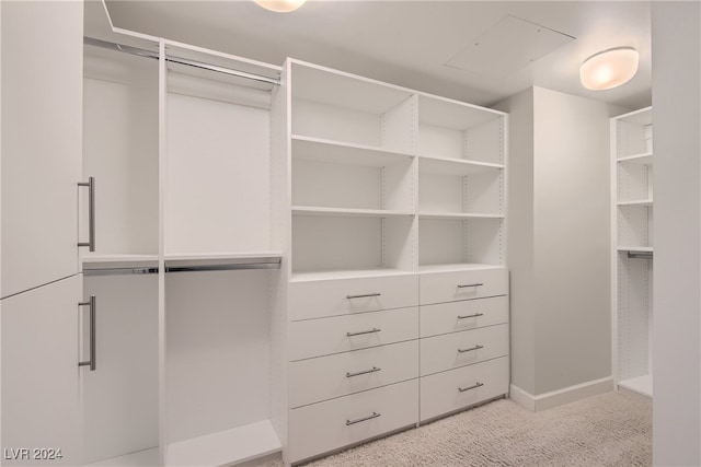 spacious closet featuring light carpet