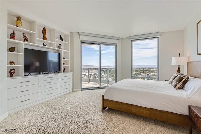 bedroom with light carpet and access to exterior