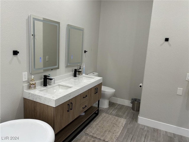 bathroom featuring vanity, wood-type flooring, and toilet