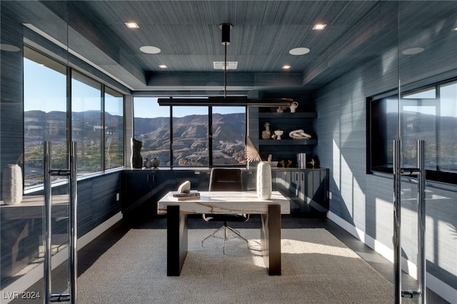 carpeted office featuring a mountain view