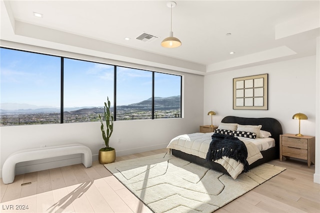 bedroom featuring a raised ceiling, a mountain view, and light hardwood / wood-style flooring