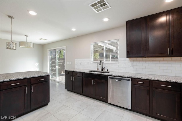 kitchen featuring backsplash, sink, hanging light fixtures, stainless steel dishwasher, and dark brown cabinets