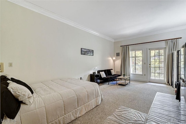 carpeted bedroom with access to exterior and ornamental molding