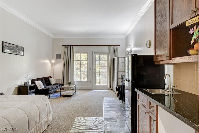 bedroom featuring access to exterior, crown molding, sink, and light colored carpet