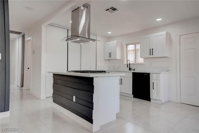 kitchen with a center island, white cabinets, black dishwasher, island exhaust hood, and stainless steel gas cooktop