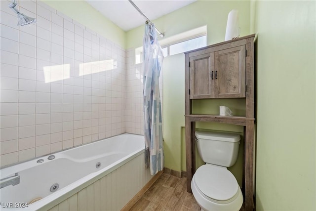 bathroom with wood-type flooring, toilet, and shower / bathtub combination with curtain