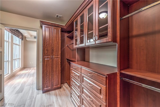 spacious closet with light hardwood / wood-style flooring