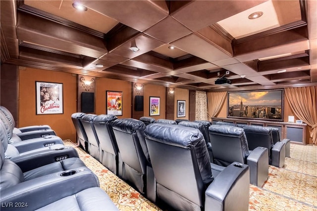 home theater room featuring coffered ceiling, beamed ceiling, and crown molding