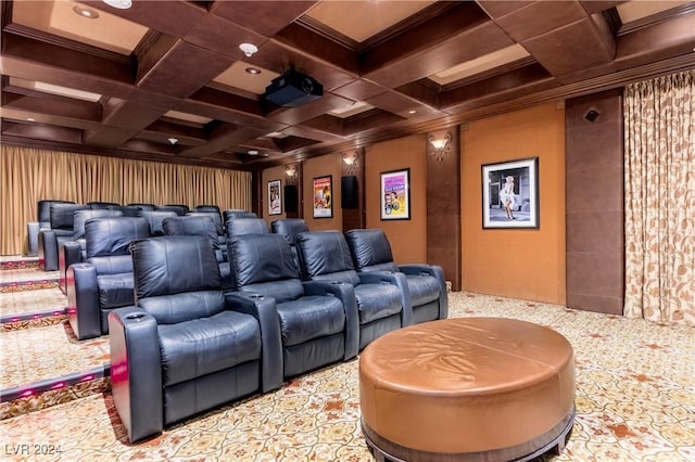 cinema room featuring beamed ceiling, ornamental molding, and coffered ceiling