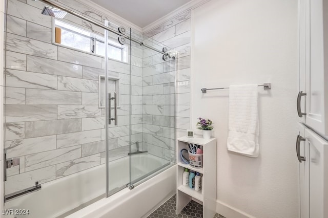 bathroom featuring combined bath / shower with glass door and ornamental molding