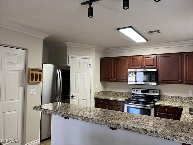 kitchen featuring dark brown cabinetry, light stone counters, ornamental molding, and appliances with stainless steel finishes