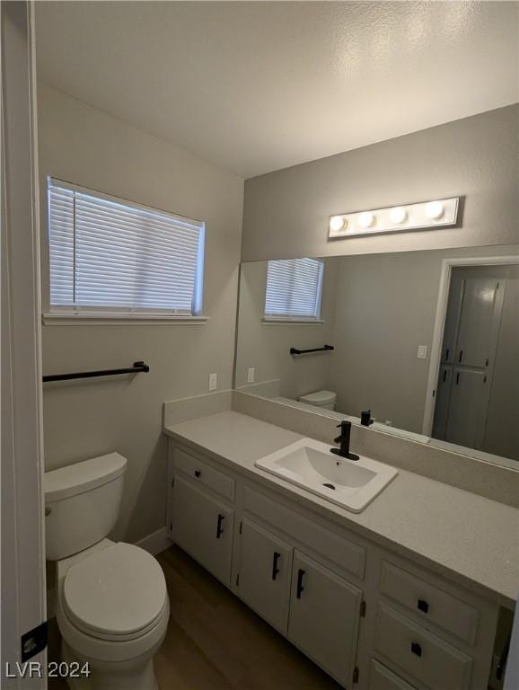 bathroom featuring hardwood / wood-style flooring, vanity, and toilet