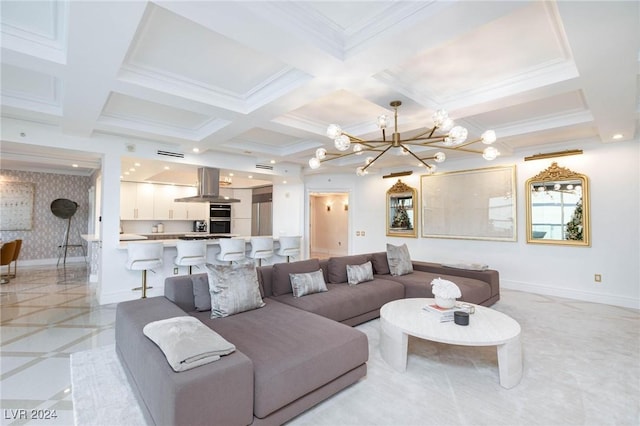 living room with ornamental molding, beam ceiling, a notable chandelier, and coffered ceiling