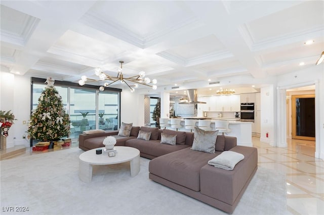 living room with crown molding, beamed ceiling, coffered ceiling, and a notable chandelier