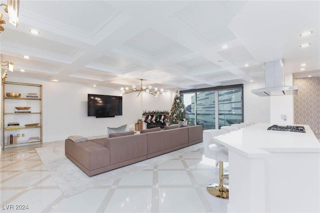 living room featuring beamed ceiling, coffered ceiling, and an inviting chandelier