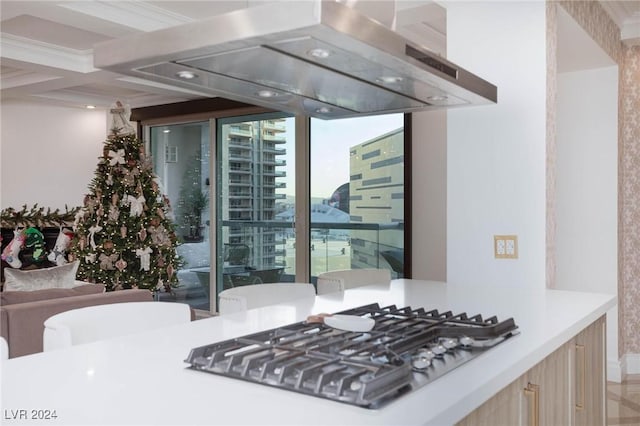 kitchen with expansive windows, light brown cabinetry, island exhaust hood, and stainless steel gas cooktop