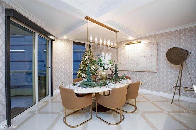 dining area with beamed ceiling, a notable chandelier, and ornamental molding