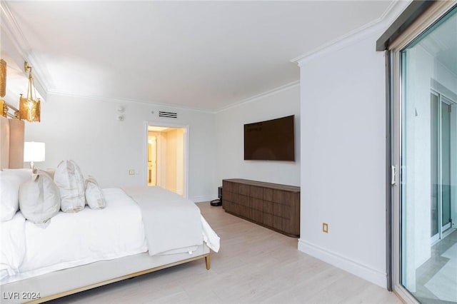 bedroom featuring light hardwood / wood-style floors and ornamental molding