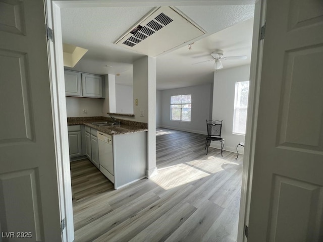 kitchen featuring dishwasher, light hardwood / wood-style flooring, ceiling fan, and sink