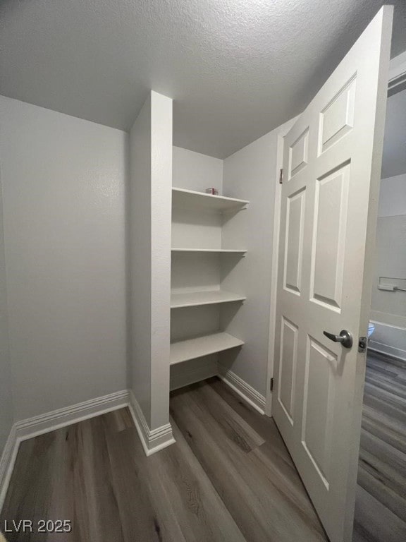 walk in closet with dark hardwood / wood-style floors