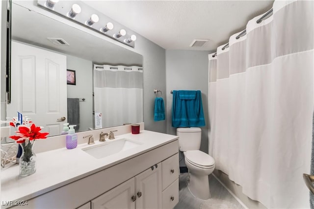 bathroom featuring vanity, a shower with curtain, toilet, a textured ceiling, and wood-type flooring