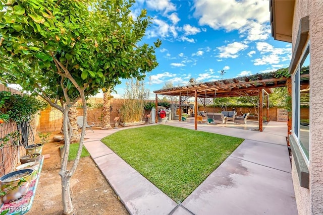 view of yard with an outdoor hangout area, a patio area, and a pergola