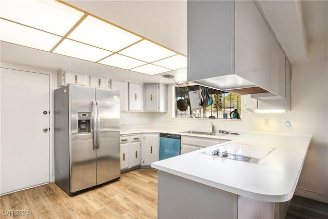 kitchen featuring kitchen peninsula, sink, white cabinets, and appliances with stainless steel finishes