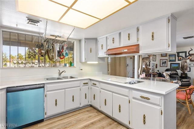 kitchen with kitchen peninsula, white cabinets, black electric cooktop, light hardwood / wood-style flooring, and dishwasher