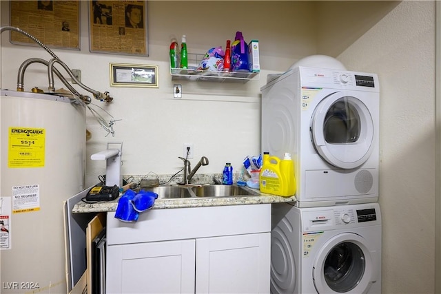 laundry room with gas water heater, stacked washing maching and dryer, and sink