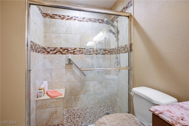 bathroom with vanity, toilet, and a shower with shower door