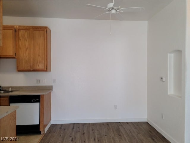 kitchen with hardwood / wood-style floors, white dishwasher, and ceiling fan