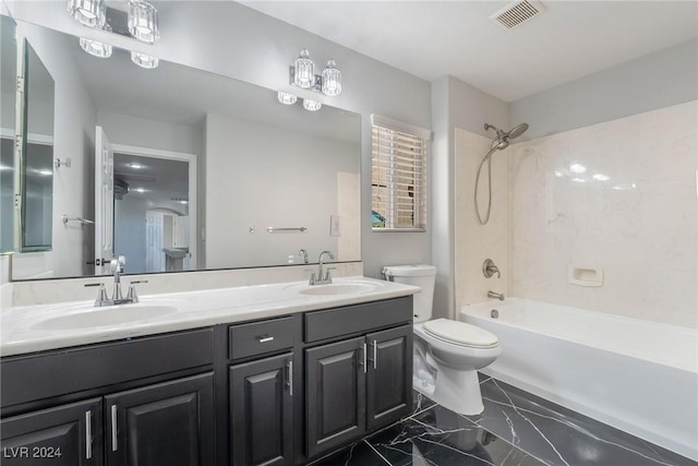 full bathroom with shower / bathtub combination, vanity, and toilet