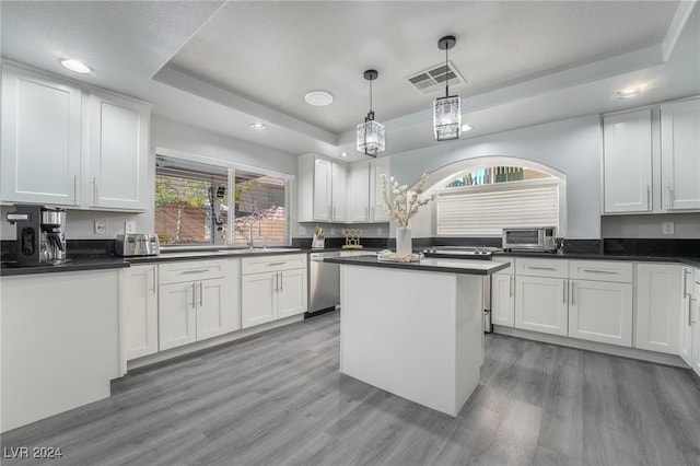 kitchen with dishwasher, white cabinets, and a tray ceiling