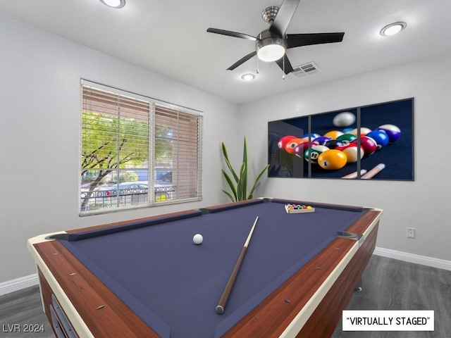 game room featuring dark hardwood / wood-style flooring, pool table, and ceiling fan